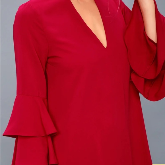 Lulus Aesthetic Aspirations Red Flounce Sleeve Shift Dress - Picture 3 of 6